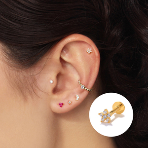 Pendientes de tuerca con rosca de plata de ley S925 y circonita copo de nieve de 16G, parte trasera plana, chapados en oro de 18k - Product Image 3