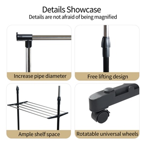 Perchero Telescópico de Acero Inoxidable de un Solo Poste, Perchero de Pie de 3 Niveles, Perchero Multifuncional <span class=keywords><strong>con</strong></span> Ruedas - Product Image 3