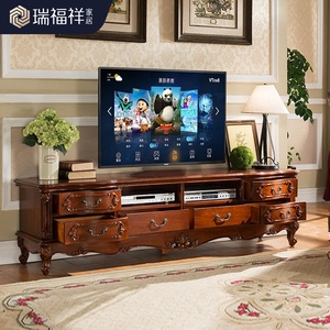 American-style Classic Solid Wood <strong>TV</strong> Cabinet, <strong>Vintage</strong> Wooden <strong>TV</strong> <strong>Stand</strong> with Drawers, Living Room Villa Furniture - Product Image 1