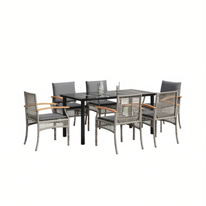 Ensemble de salle à manger de jardin en rotin gris 6 places avec housses amovibles, mobilier d'extérieur style contemporain - Product Image 1