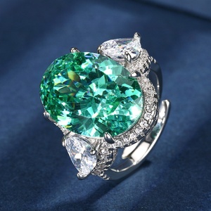 High Quality Eco-friendly Copper Dazzling Oval Ice Flower Cutting 13*18mm Paraiba Zircon <b>Adjustable</b> <b>Ring</b> for Women - Product Image 5