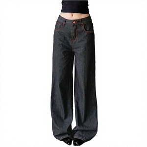 <b>Women</b> Vintage Dark Wash Wide Leg <b>Jeans</b> Low Rise <b>Baggy</b> Fit Denim Pants Red Stitching Streetwear Loose Fit Casual <b>Jeans</b> Custom - Product Image 1