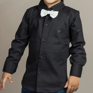 Camisa Formal Negra de Algodón para Niños con Corbata de Moño, Camisa de Manga Larga para Fiestas, Atuendo Elegante y Cómodo para Cumpleaños y Bodas - Product Image 1