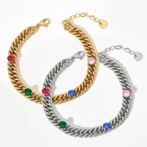 6.6MM Thick Color Cubic Zirconia Miami Chains Bracelet Stainless Steel 18K Plating Bold Cuban Chains Rainbow Gemstone Bracelet