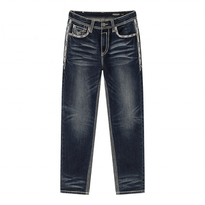 IN Stock Black Men’s Sanding Heavy Stitch Straight Leg Washed <b>Embroidered</b> Denim <b>Jeans</b> Mid Waist fashion <b>jeans</b> for men - Product Image 1