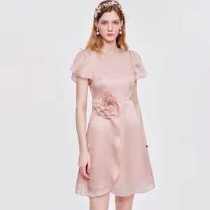 New Design Haute Couture Women's Custom Short Sleeves O Neck Dress Classic Solid Cozy Silk 3D Floral Mini Dress For Girls