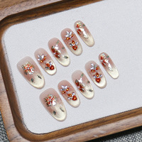 Kuku Palsu Cat-Eye Buatan Tangan Murni dengan Hiasan Kelopak Bunga Tiga Dimensi Gaya Prancis Pola Bunga Press-on Nail