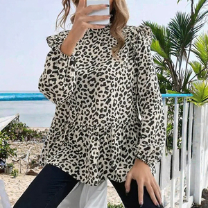 <b>Women</b> Leopard Print Chiffon Blouse Ruffled Collar Balloon Sleeve <b>Long</b> Loose Fit Casual <b>Top</b> Spring Summer Wear - Product Image 3