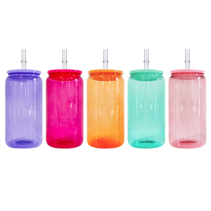 soda beer glass can glass jar Blank sublimation 16oz colored clear glass can with colorful plastic lids