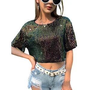 Custom Fashionable High Street Cut Top Full Body Sequin Women Top T-shirts Drop Shoulder Sequin Mesh Crop Blouse