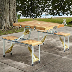Meja piknik dan kursi anak, taman mudah dibawa, 4 kursi kayu untuk berkemah & BBQ furnitur luar ruangan - Product Image 1