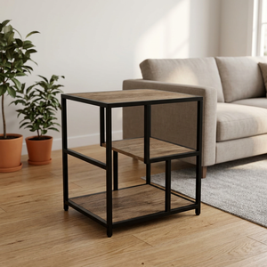 Étagère murale/sol en métal au design attrayant en laiton AK en finition noire avec 3 niveaux en bois pour la chambre à coucher/décoration intérieure - Product Image 1