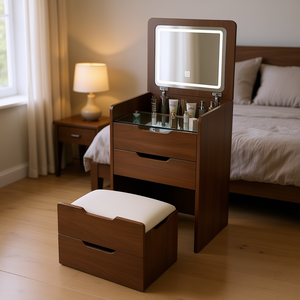 Coiffeuse compacte en noyer avec miroir relevable éclairé et plateau en verre, design moderne pour chambre à coucher - Product Image 2