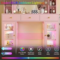 Coiffeuse avec miroir et éclairage RGB, ensemble de maquillage avec armoires en verre, plateau de maquillage, prise électrique, table de maquillage à LED réglable