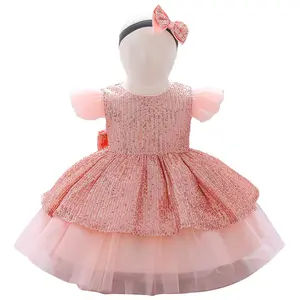 Vestidos de festa para meninas, lantejoulas bordados bebê princesa tule vestido com laço bebê menina vestido de aniversário cheio para 1 ano