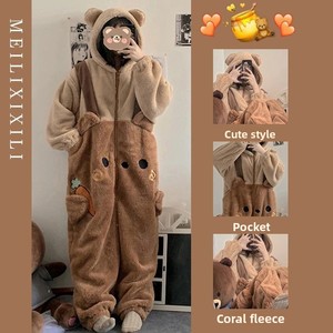 Cute Bear Coral Fleece <strong>Thermal</strong> Hooded One-piece Pajamas <strong>Women's</strong> 2025 New Winter Thickened Nightgown Home <strong>Clothes</strong> Worn Outside - Product Image 3