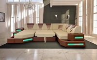 Nouveau canapé de salon en cuir véritable au design moderne, garni d'éponge, multifonctionnel, en forme de U, avec éclairage LED, canapé sectionnel