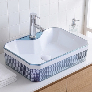 Elegante Lavabo Quadrato in Ceramica Blu con Taglio a Onda e Foro Singolo per Rubinetteria, Ideale per il Restyling del Bagno di Case Moderne in Stile Costiero - Product Image 3