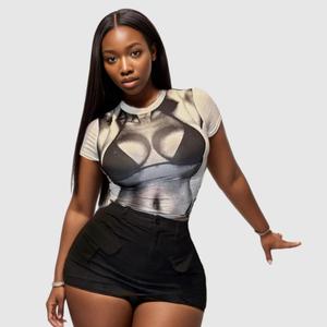 T-shirt pour femme, nouveau streetwear, coupe slim, manches courtes, imprimé 3D, crop top tendance - Product Image 1