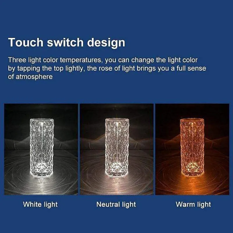 New Rechargeable Usb Touch Crystal Acrylic Shiny desk light With Rose Shadow Effect Home Bedroom Living Room Luxury Table Lamp