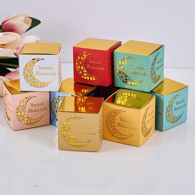 Laser Cut Cube Shaped Luxury Gold Ramadan Hajj Pilgrimage Eid Mubarak Umrah Mubarak Gift Box