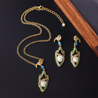 Parure de bijoux vintage motif oiseau, collier en alliage et boucles d'oreilles pendantes, émail, perle, cristal bleu incrusté, bijoux rétro tendance pour cadeau