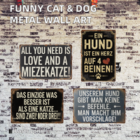 Art mural en métal de style vintage drôle pour chat et citation allemande signe en étain avec conception de plaque en étain de chien imprimé UV