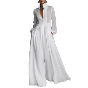 Abito Lungo in Misto Lino <span class=keywords><strong>Bianco</strong></span> per Donna, Collo Tondo, Maniche Lunghe a Sbuffo, Bottoni Frontali, Tasche, <span class=keywords><strong>Vestito</strong></span> Lungo Fluido e Comodo per Vacanze - Product Image 2