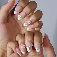 Faux ongles à presser en acrylique, courts, doux, style français, motif fleur 3D rose-jaune, forme amande, sublimes pour la peau, pour mariages, occasions spéciales et personnalisables