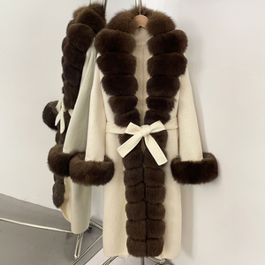 Foftbuy cappotto di lana 100% in <span class=keywords><strong>pelliccia</strong></span> di volpe grande lungo, nuovo abbigliamento autunno inverno, cintura da donna, giacca di lana con collo di <span class=keywords><strong>pelliccia</strong></span> naturale - Product Image 3