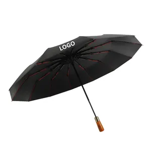 Personalizado alta qualidade madeira Handle dobrável Stick Umbrella com empresa Logo