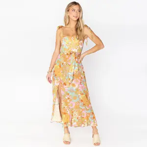 Abendkleid elegantes Damenkleid modisch elegant Halter Schlitz floral Großhandel Sommer Freizeitkleider natürlich einfach