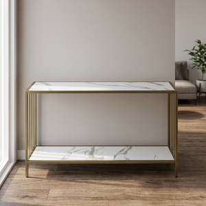 Modern Metal Console <b>Table</b> with White <b>Marble</b> Top and Lower Shelf Gold Finish Entryway Sofa <b>Side</b> <b>Table</b> Slim Hallway Accent <b>Table</b> - Product Image 5