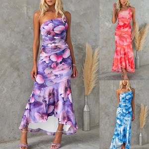 Vente chaude été col incliné hors de l'épaule femmes robe Maxi robe asymétrique imprimé croix épaule élastique robe - Product Image 1