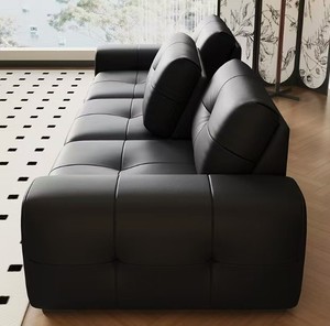 Sofá de Salón Moderno de Cuero Negro para el Hogar, de Tres Plazas, Respaldo Firme, Brazos Rectos, Sofá Clásico - Product Image 2