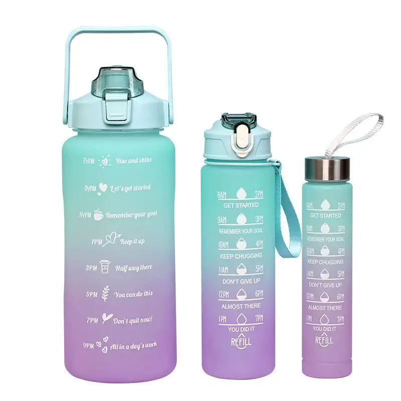 3 In 1 300/900/2000ML içme plastik spor BPA ücretsiz spor Fitness 3 adet motivasyon su kamışlı şişeler ve kolu