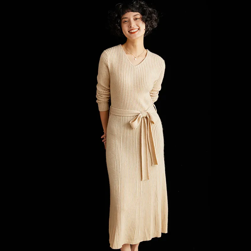 女性カスタムカシミア2024ロングウールニットセーターホワイトドレス