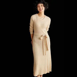 Suéter de punto de lana largo 2024 de Cachemira personalizado para mujer vestido blanco
