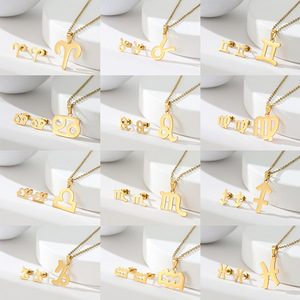 Conjunto <span class=keywords><strong>de</strong></span> collares y pendientes con signo del zodiaco barato, conjunto <span class=keywords><strong>de</strong></span> joyería impermeable <span class=keywords><strong>de</strong></span> acero inoxidable chapado en oro <span class=keywords><strong>de</strong></span> 18K para mujer - Product Image 2