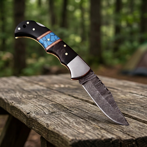 Cuchillo de Acero de Damasco con Hoja de Punta Caída y Mango con Incrustaciones de Turquesa, Cuchillo de Caza de Borde Recto, Longitud Total de 6.5 Pulgadas - Product Image 3