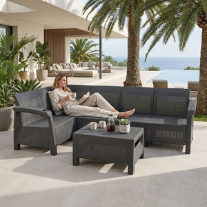 Set Divano Angolare Moderno <span class=keywords><strong>da</strong></span> Esterno a 5 Posti a Forma di L in Plastica PP, Arredamento <span class=keywords><strong>da</strong></span> <span class=keywords><strong>Giardino</strong></span> in Resina Resistente alle Intemperie per Patio - Product Image 2