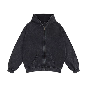 TKAN414D – Sweat à capuche zippé vintage délavé pour homme, en molleton 100 % coton, coupe oversize, style streetwear, effet soleil émaillé - Product Image 2