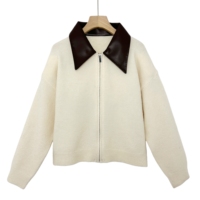 Cardigan en tricot respirant pour femme E&L OEM, style vintage, automne, manches longues, couleur unie, col rabattu, col en fourrure, fermeture éclair