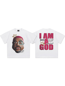 T-shirt graphique double face pour homme Kanye West I Am God, portrait de personnage de dessin animé, en soie/coton 300 GSM, col étroit, coupe oversize, style Hip Hop - Product Image 2