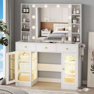 Coiffeuse de Maquillage RGB OEM/ODM Wenfeng pour Femme et Enfant, Grand Meuble de Chambre Blanc avec Plateau en Verre et Éclairage 3 Couleurs - Product Image 2