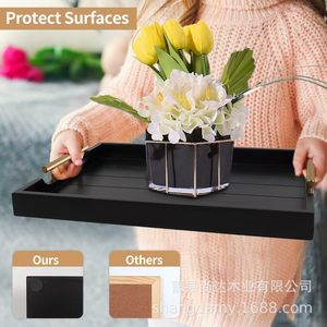 <b>Large</b> black wooden <b>tray</b> with metal handle, suitable for home use, decoration, storage, and hotel use, including fruit and snack - Product Image 2