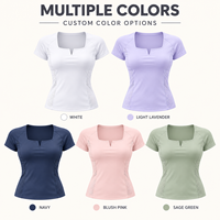 Haut de tennis personnalisé pour femme à manches courtes, col en V, maille perforée unie, séchage rapide, coupe ajustée, pour l'entraînement sur le terrain