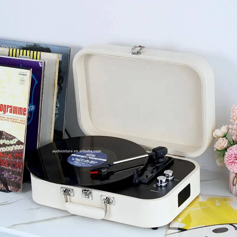 Portable suitcase round corner design turntable vinyl record blue tooth player with ceramic cartridge