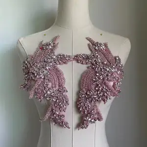 Aplique padrão de miçangas de cristal rosa, fantasia de dança, strass, aplique para vestido de noiva