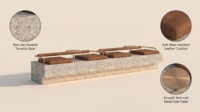 Banc d'attente Terrazzo pour café, plateforme avec coussin intégré, accoudoir en cuivre, table d'appoint, bande LED, éco-responsable, durable, pour salon de café